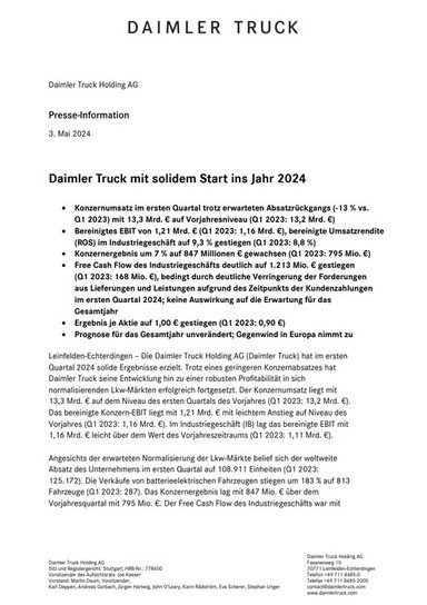 Daimler Truck mit solidem Start ins Jahr 2024