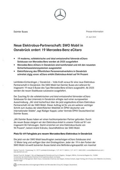 Neue Elektrobus-Partnerschaft: SWO Mobil in Osnabrück ordert 19 Mercedes-Benz eCitaro